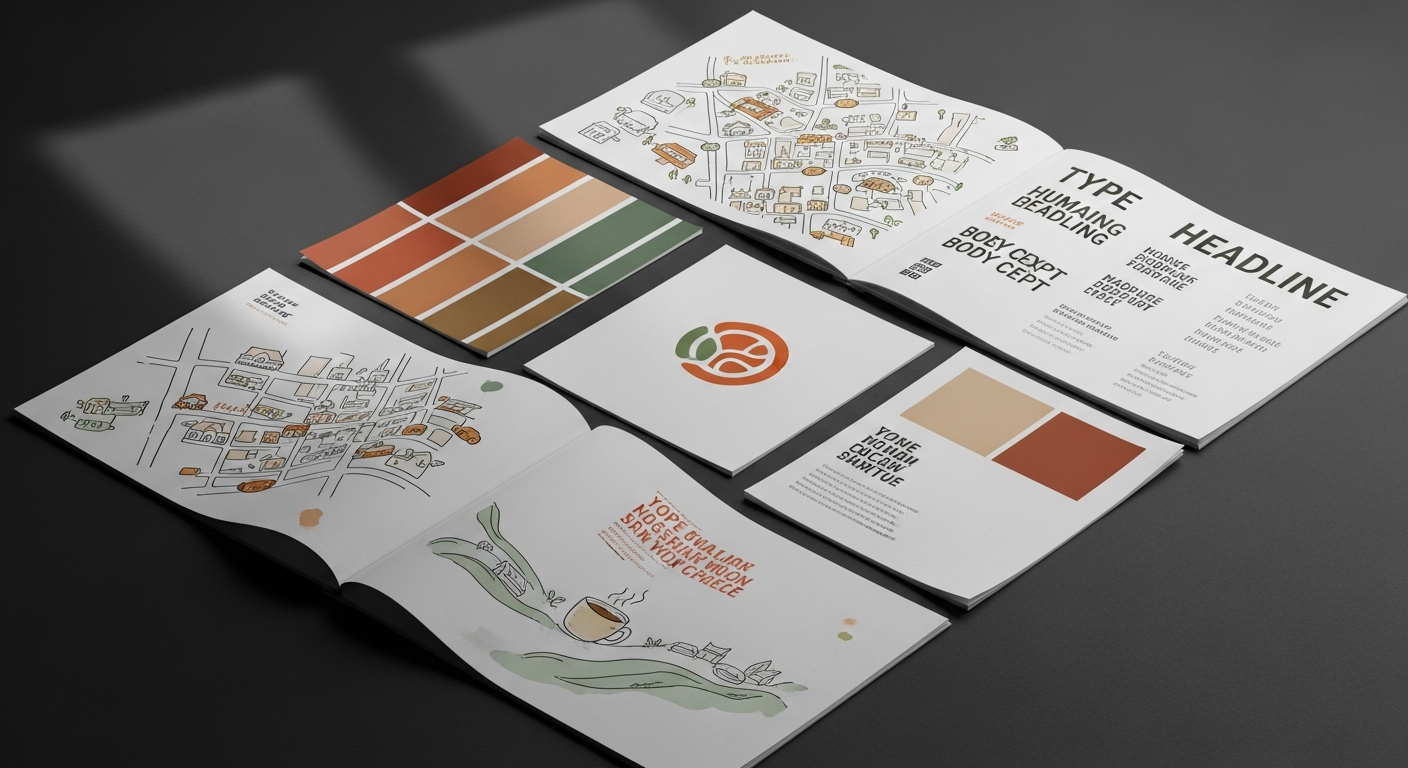 AI_IMAGE: A brand identity spread for a coworking space laid flat on dark charcoal paper, showing a warm-toned logo, earthy color palette swatches, hand-drawn neighborhood map illustrations, and type specimens in a humanist sans-serif, soft directional lighting | photorealistic | landscape