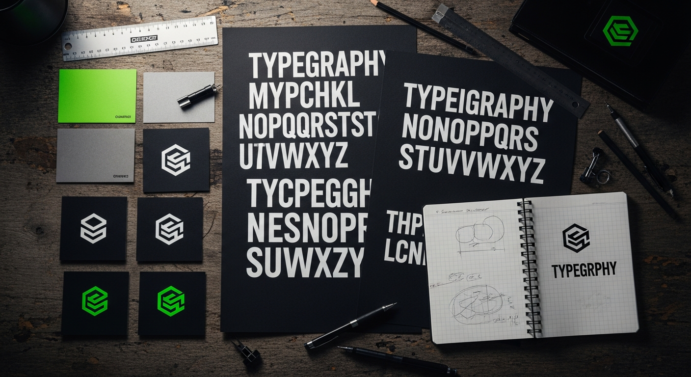 AI_IMAGE: Close-up of a streetwear brand style guide spread across a dark desk, showing typography specimens, color swatches in neon green and concrete grey, and logo lockups on black paper, moody overhead lighting | photorealistic | landscape