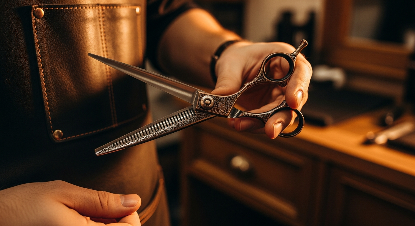 AI_IMAGE: A close-up of hands holding vintage barber shears against a dark leather apron, shallow depth of field with warm side lighting casting copper-toned highlights on the metal, cinematic barbershop atmosphere | photorealistic | landscape