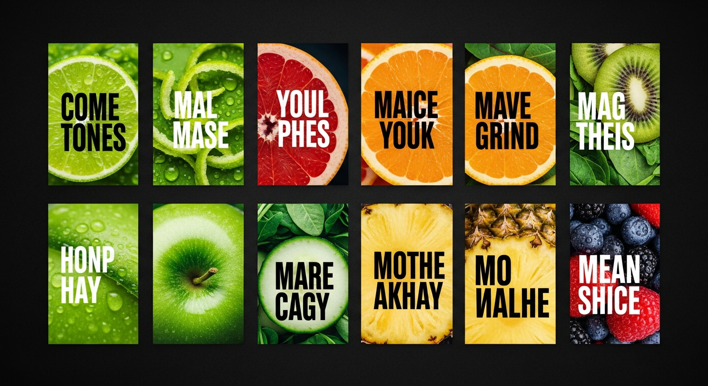 AI_IMAGE: A grid of Instagram story templates for a juice brand displayed on a dark background, each template featuring bold sans-serif type over close-up fruit and vegetable textures in saturated greens and citrus tones, clean graphic design aesthetic | photorealistic | landscape