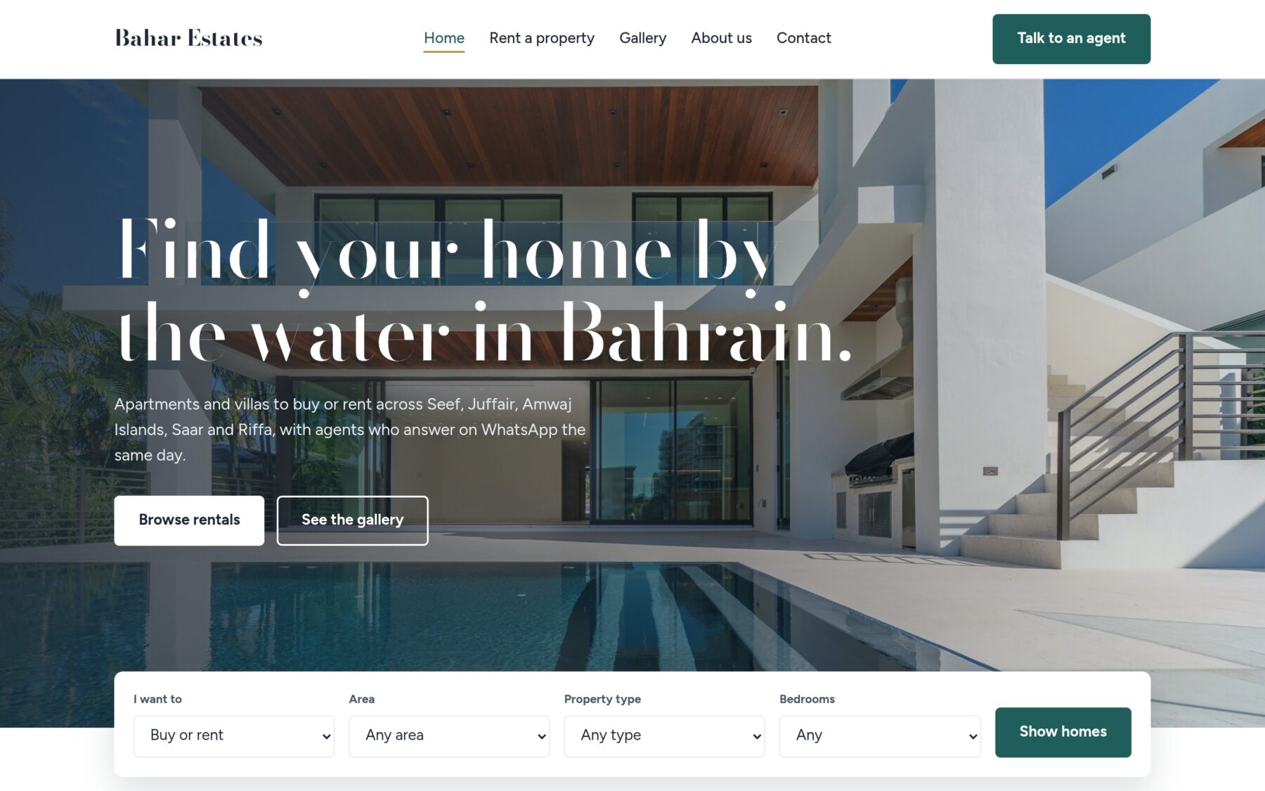 Bahar Estates real estate website, home page on desktop