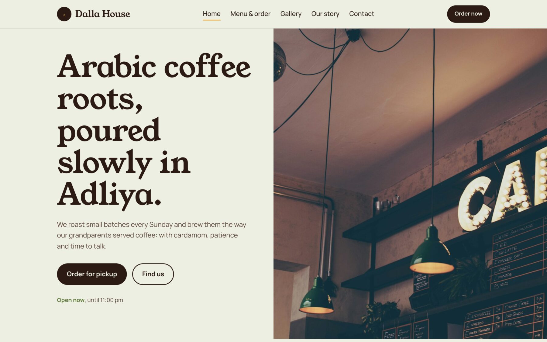 Dalla House coffee shop website, home page on desktop