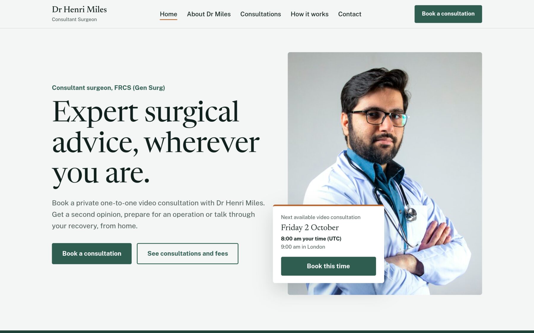 Dr Henri Miles surgeon website, home page on desktop